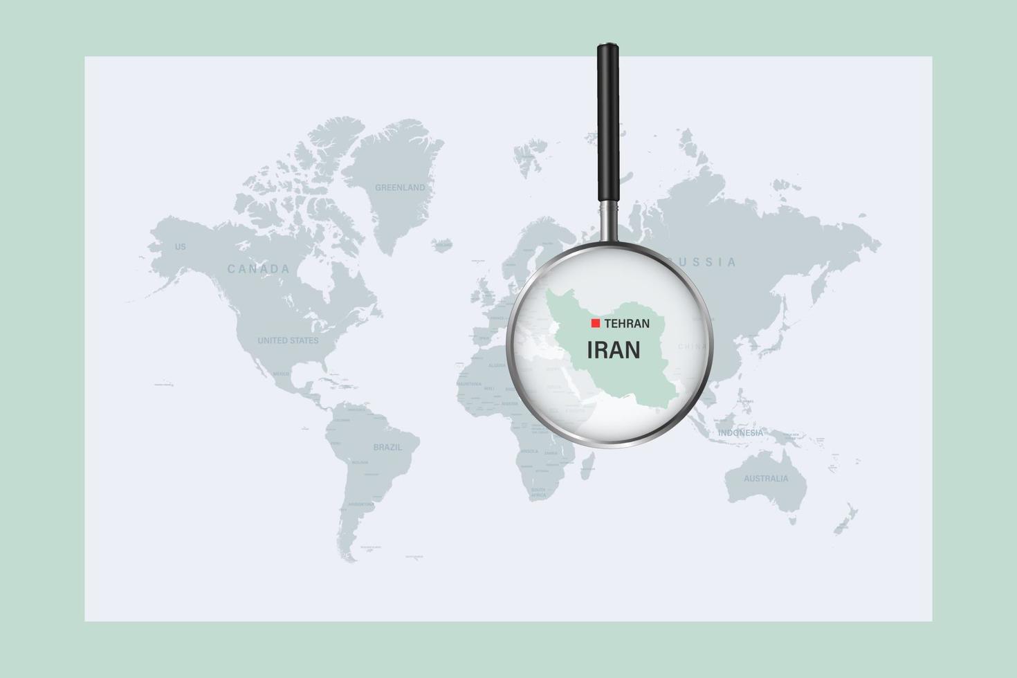 karta över iran på politisk världskarta med förstoringsglas vektor