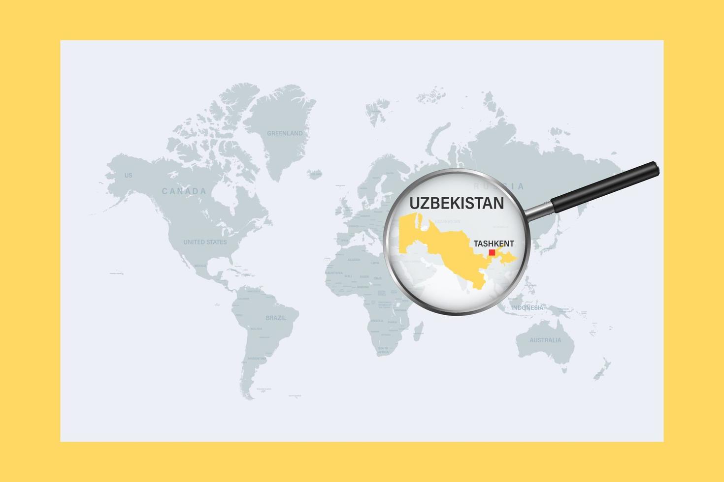 karta över uzbekistan på politisk världskarta med förstoringsglas vektor