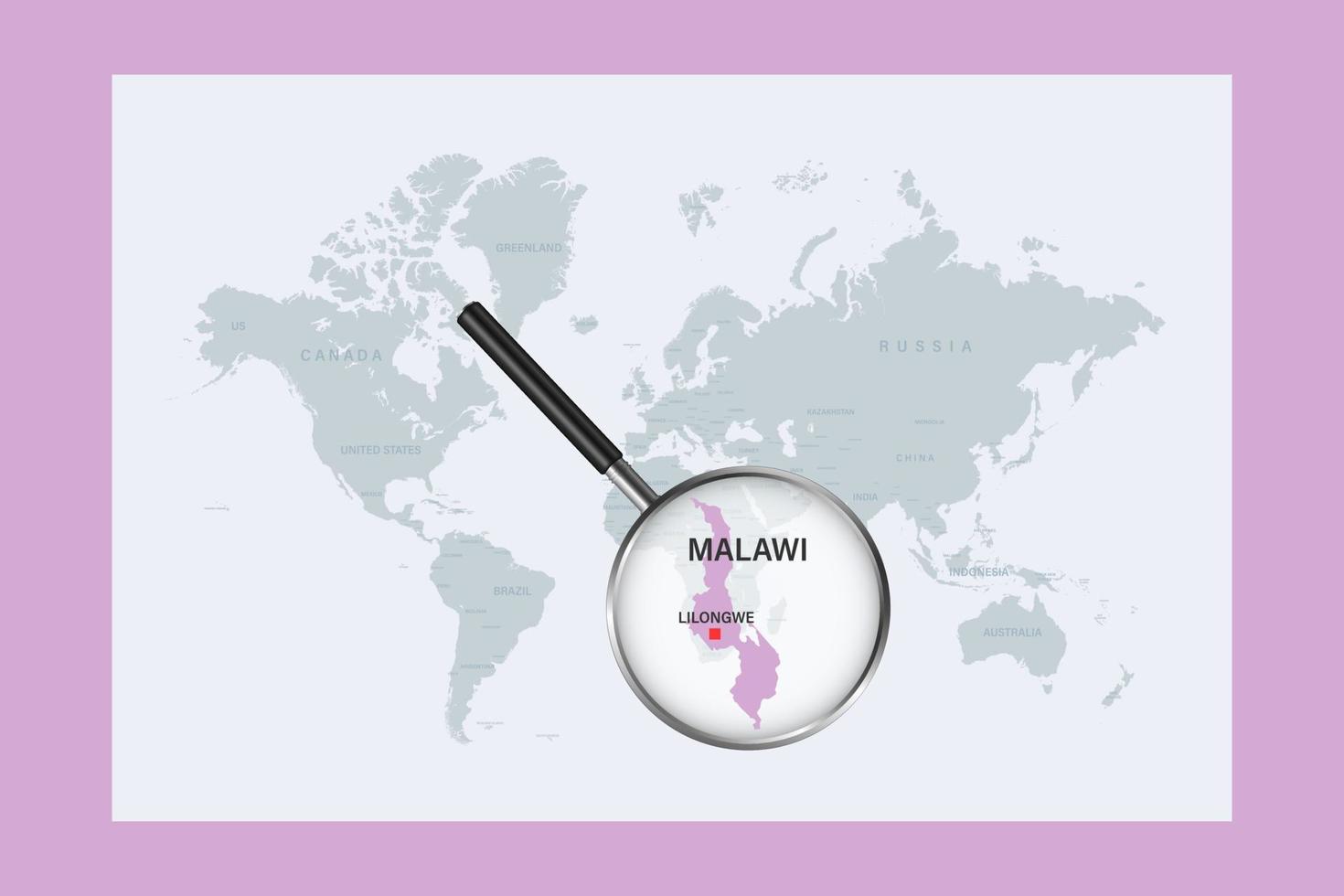 karta över malawi på politisk världskarta med förstoringsglas vektor