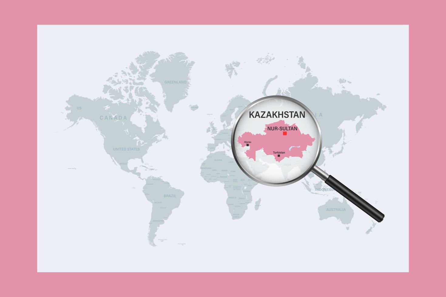 karta över kazakstan på politisk världskarta med förstoringsglas vektor