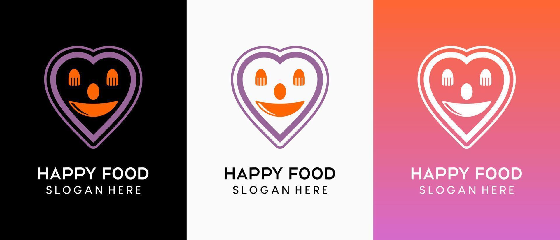 Happy Food-Logo-Design, Löffel, Gabel und Schüssel-Symbol in einem herzförmigen Smiley-Gesicht vektor