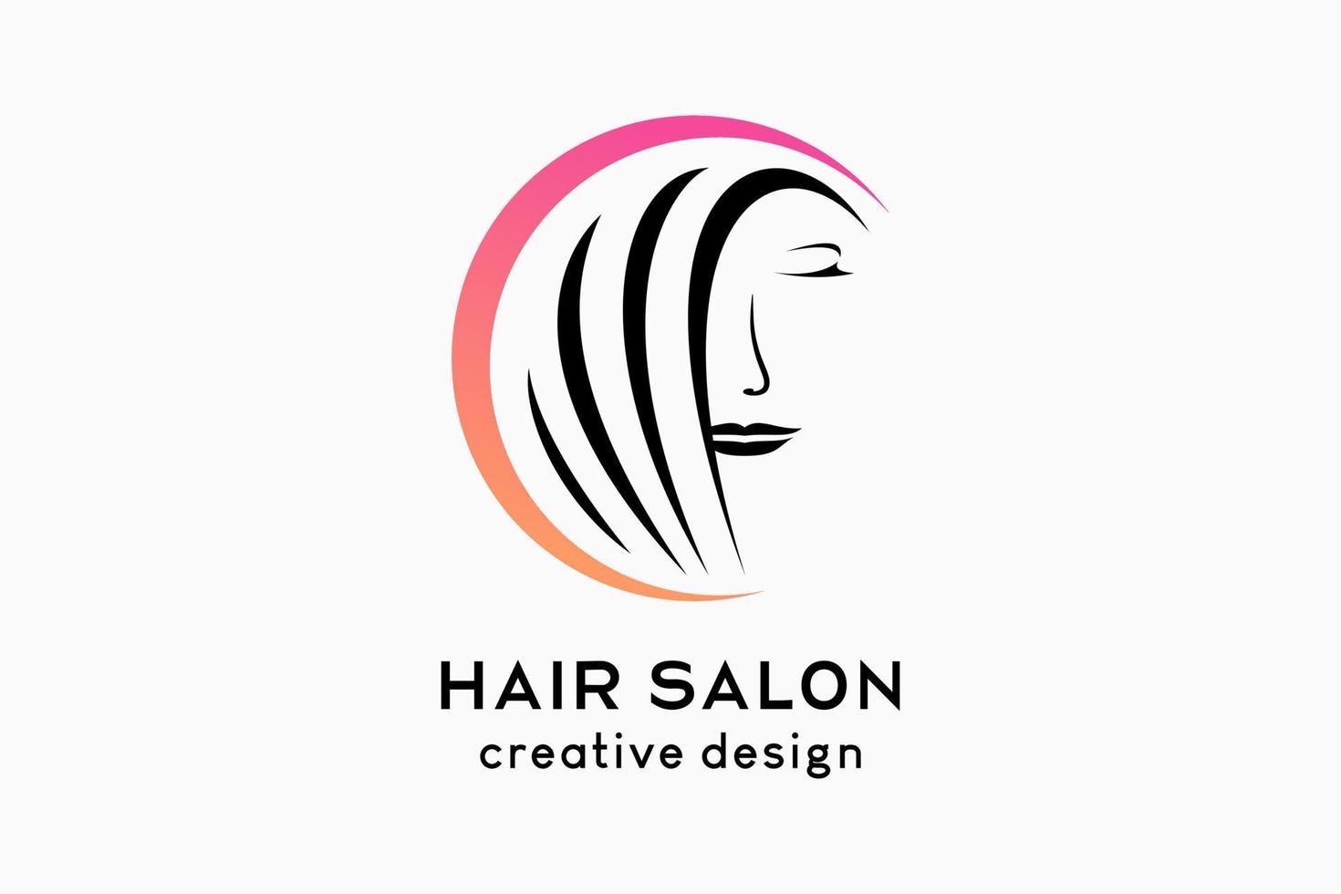 frisörsalong eller hårvård logotyp design, kvinna ansikte med handritad koncept i cirkel vektor