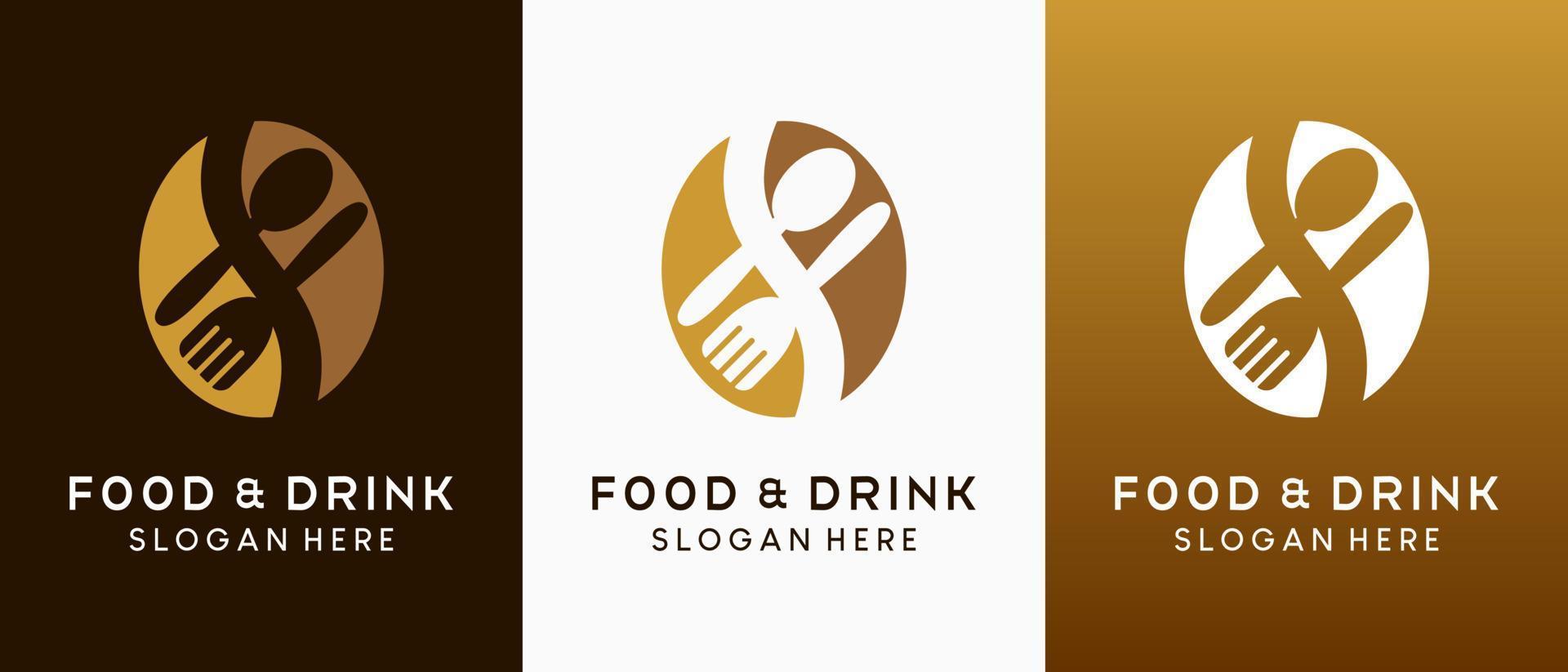 restauranglogotypdesign med kreativt koncept, siluett av sked och gaffel kombinerat med kaffebönaikon vektor