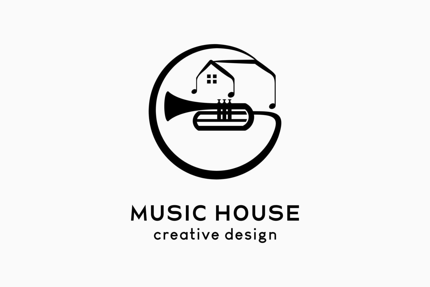 musikhaus logo design buchstabe g, trompetensilhouette kombiniert mit haussymbol in einem kreis vektor