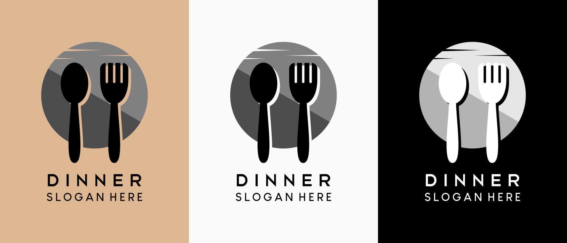 middagslogotypdesign med ett kreativt koncept, perfekt för en middagsrestaurangverksamhet. siluett av sked och gaffel i månen ikon vektor