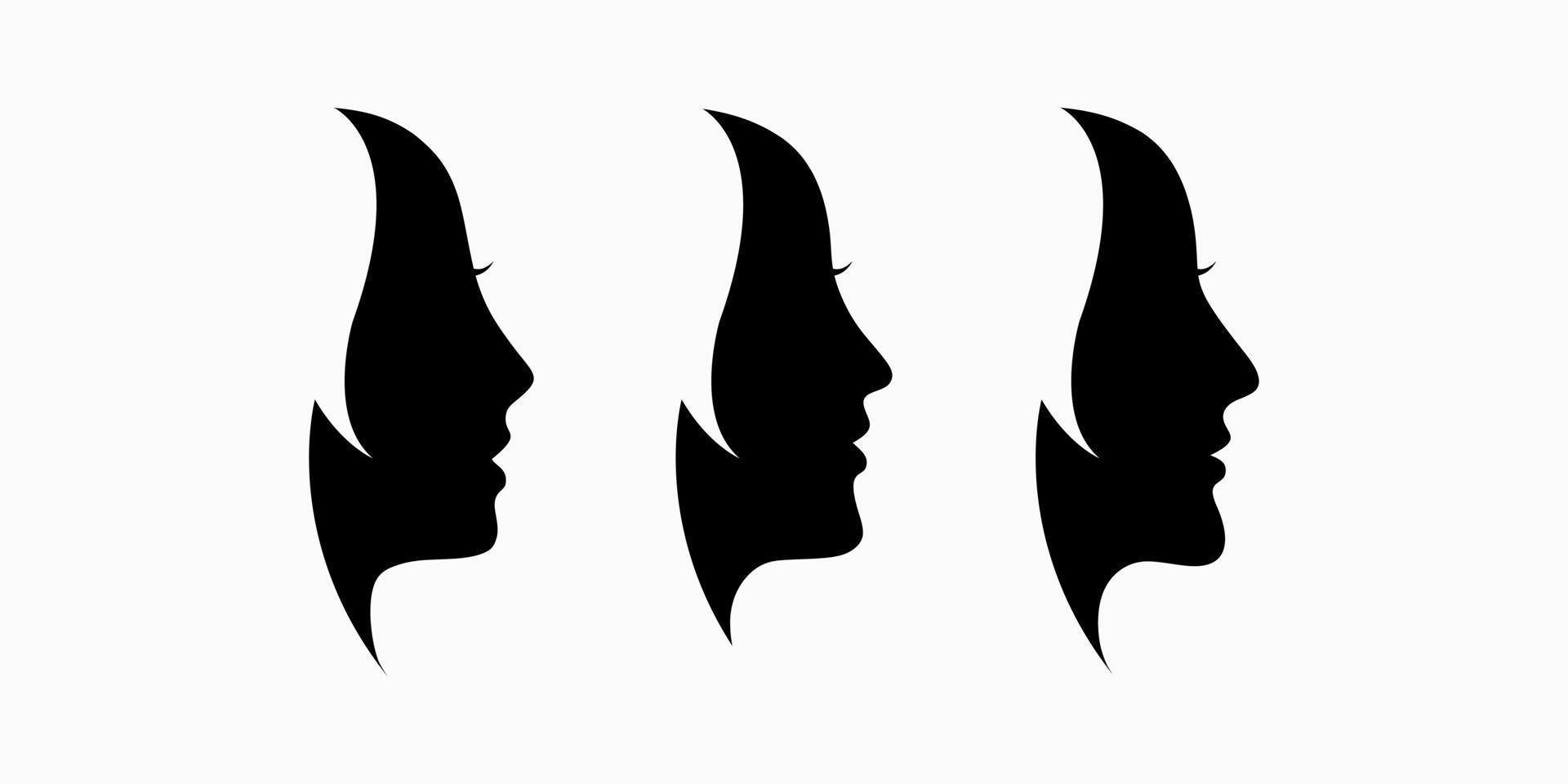 eine Sammlung von Silhouetten von Frauengesichtern von der Seite in verschiedenen Gesichtern. vektor