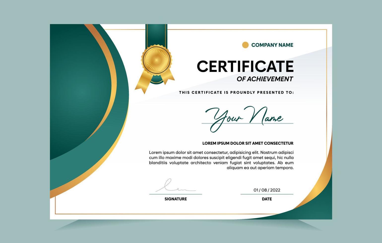 grönt och guld certifikat för prestation mall uppsättning med guld märke och kant. för pris-, affärs- och utbildningsbehov. vektor illustration