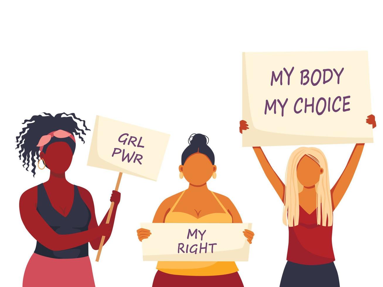vektor illustration av kvinnor som håller skyltar eller plakat på en protest demonstration eller strejkvakt. kvinna mot våld, föroreningar, diskriminering, brott mot mänskliga rättigheter.