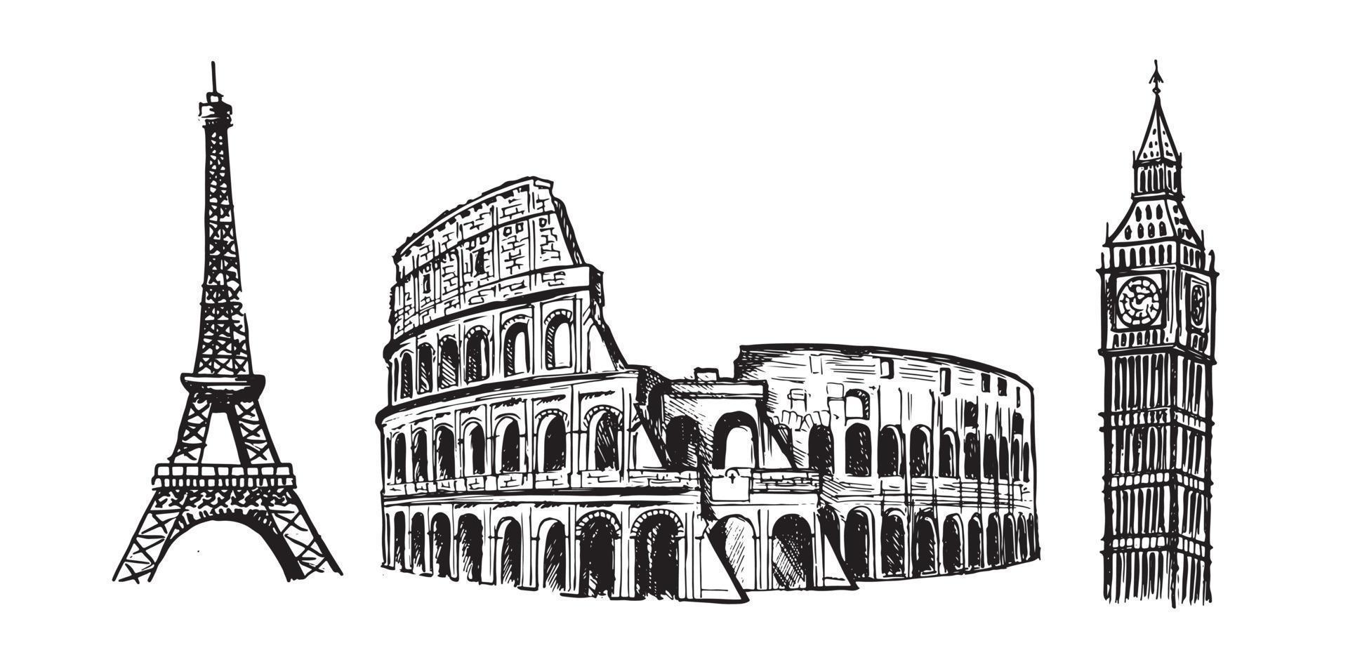 skizze des kolosseums, eiffelturm in paris, big ben. handgezeichnete Illustrationen. vektor