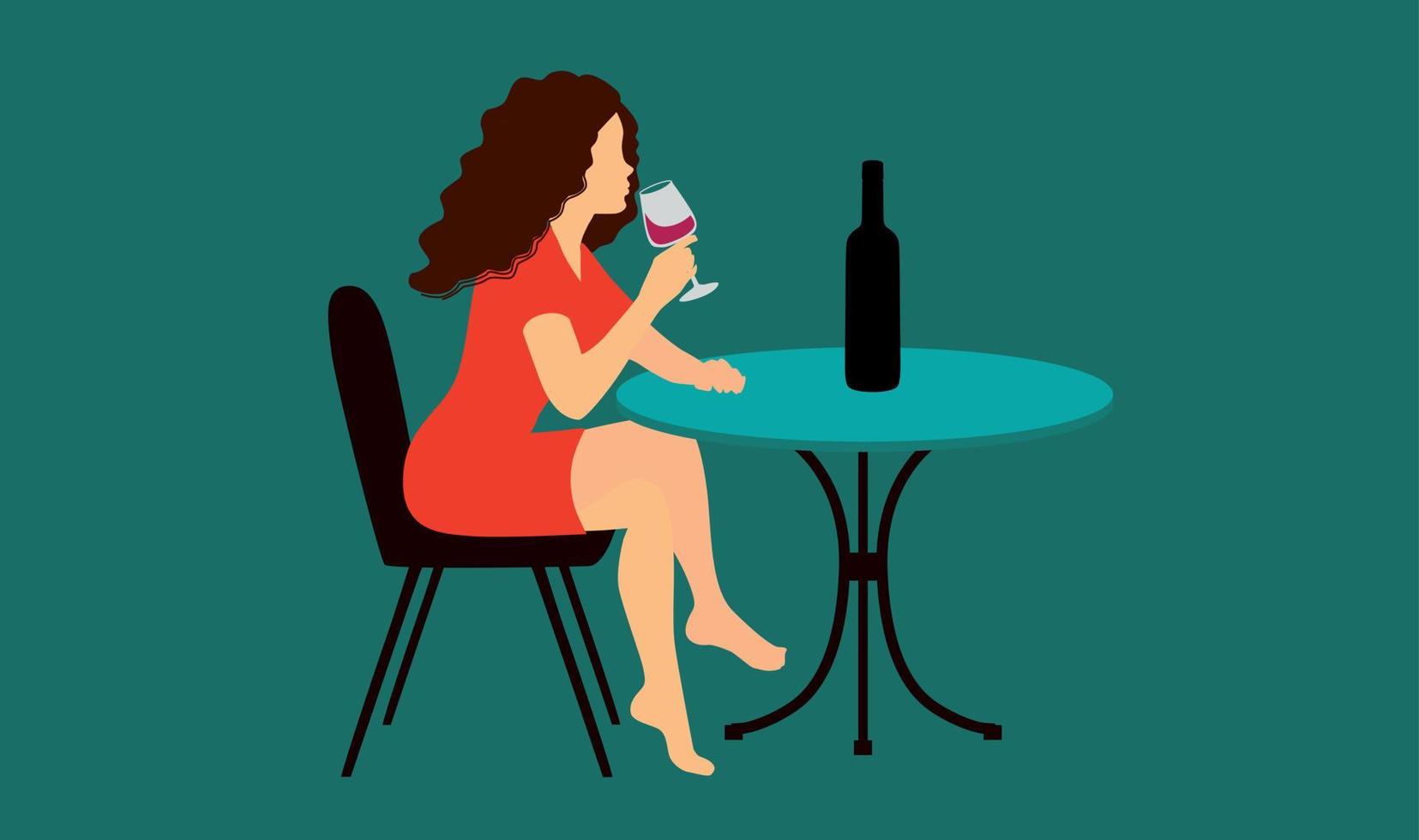 kvinna smakar vin vid bord på ett kafé. vektor
