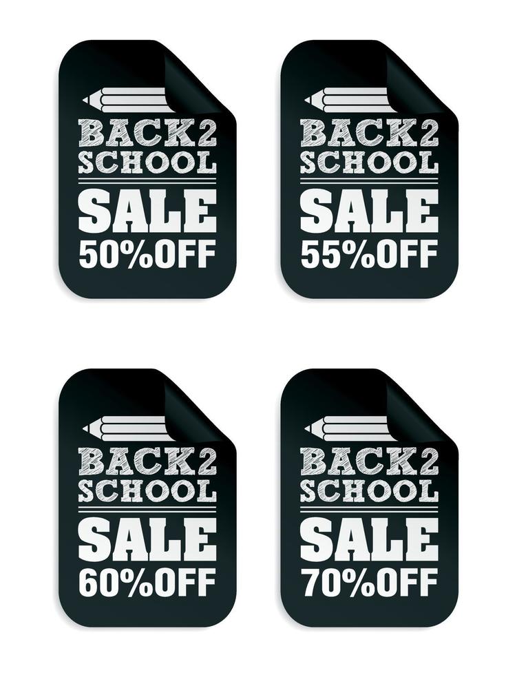 Back to School Sale 50, 55, 60, 70 Prozent Rabatt auf schwarze Aufkleber vektor