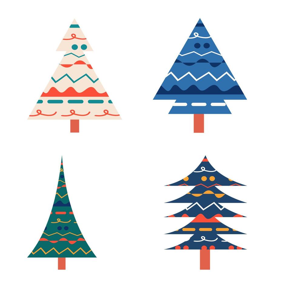 Reihe von verschiedenen Weihnachtsbäumen mit abstrakten Ornamenten. vektorillustration im flachen stil vektor