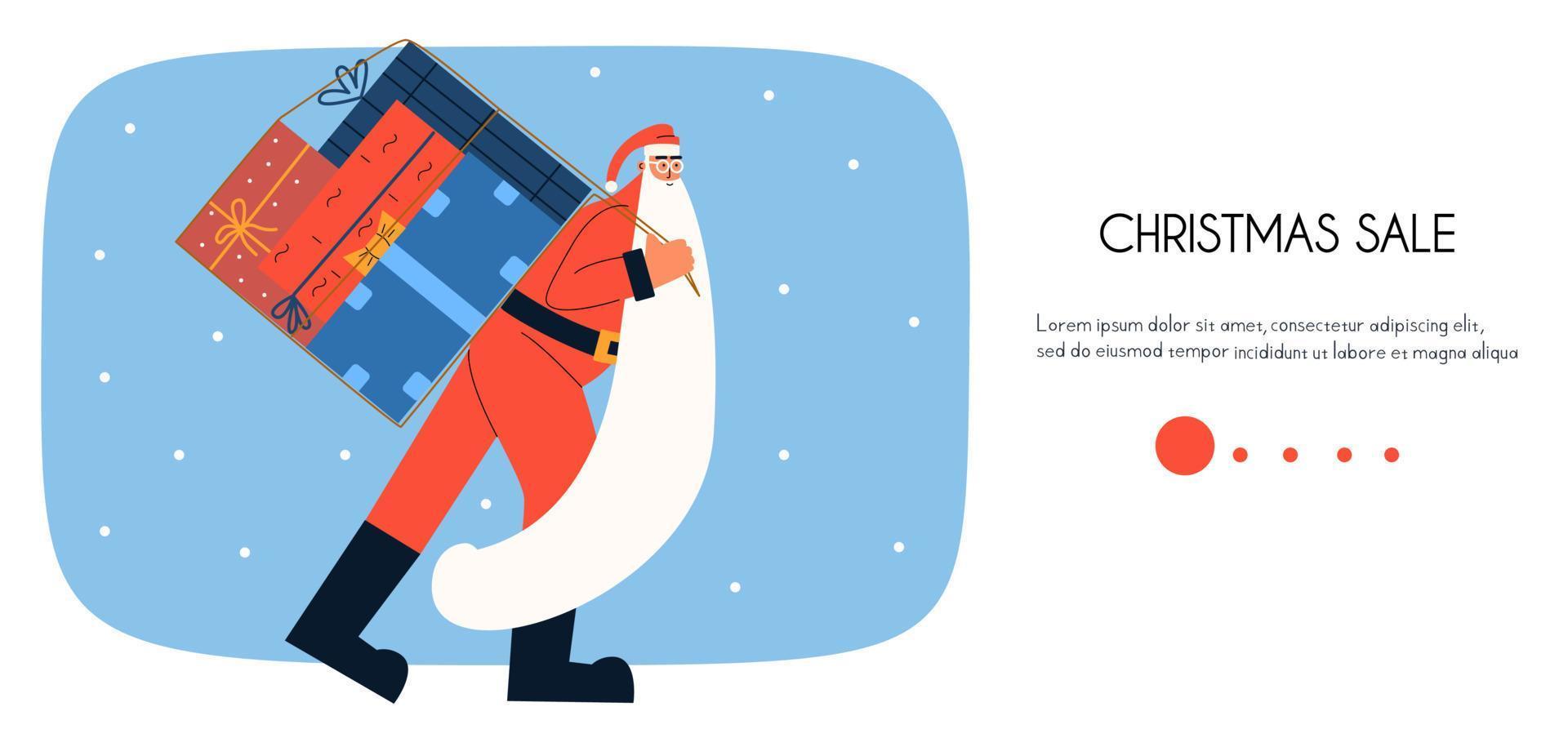 weihnachtsmann-landingpage mit geschenken. werbebanner über den neujahrsverkauf. vektorillustration im flachen stil vektor