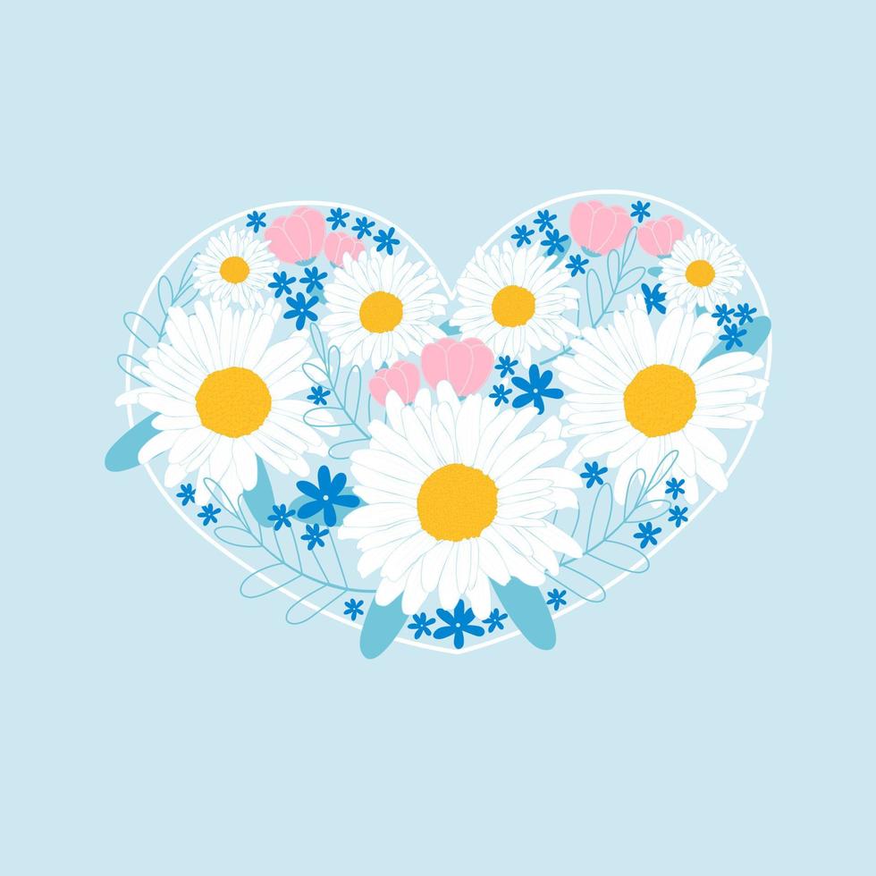 Blumenherz mit Gänseblümchen, Tulpen und Blättern auf blauem Hintergrund, Designvorlage für Geschenkkarten oder Einladungen zur Hochzeit vektor