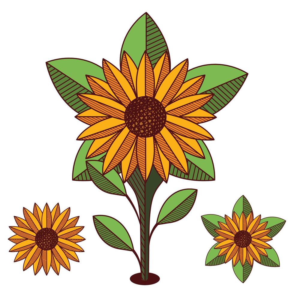 Sonnenblumen-Vektor-Illustration. Sonnenblume isoliert. botanische Blumenillustration. Symbolsatz für gelbe Sommerblumen vektor