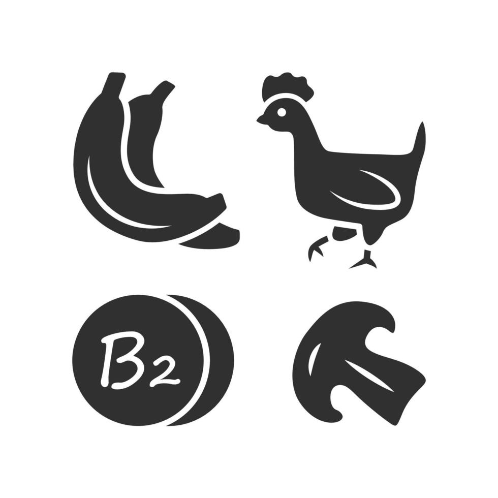 Glyphensymbol für Vitamin B2. Bananen, Geflügel und Pilze. gesundes Essen. Riboflavin natürliche Nahrungsquelle. Mineralien, Antioxidantien. Silhouettensymbol. negativer Raum. vektor isolierte illustration