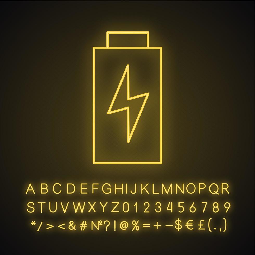 Neonlicht-Symbol zum Laden des Akkus. Batteriestandsanzeige. leuchtendes zeichen mit alphabet, zahlen und symbolen. vektor isolierte illustration