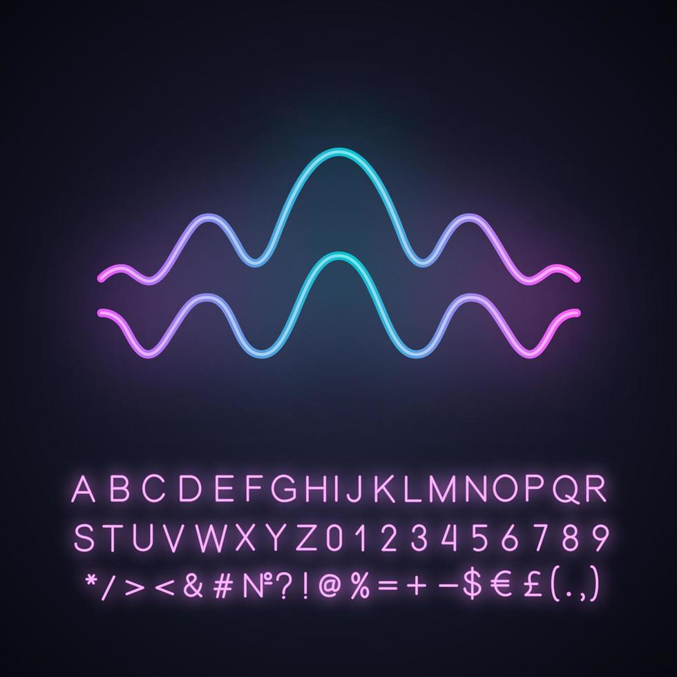 Symbol für flüssiges Neonlicht. fließende Wellenlinien. Musikrhythmus, digitale Schallwelle, Melodiewellenform. Equalizer abstrakte Kurve. leuchtendes zeichen mit alphabet, zahlen und symbol. vektor isolierte illustration