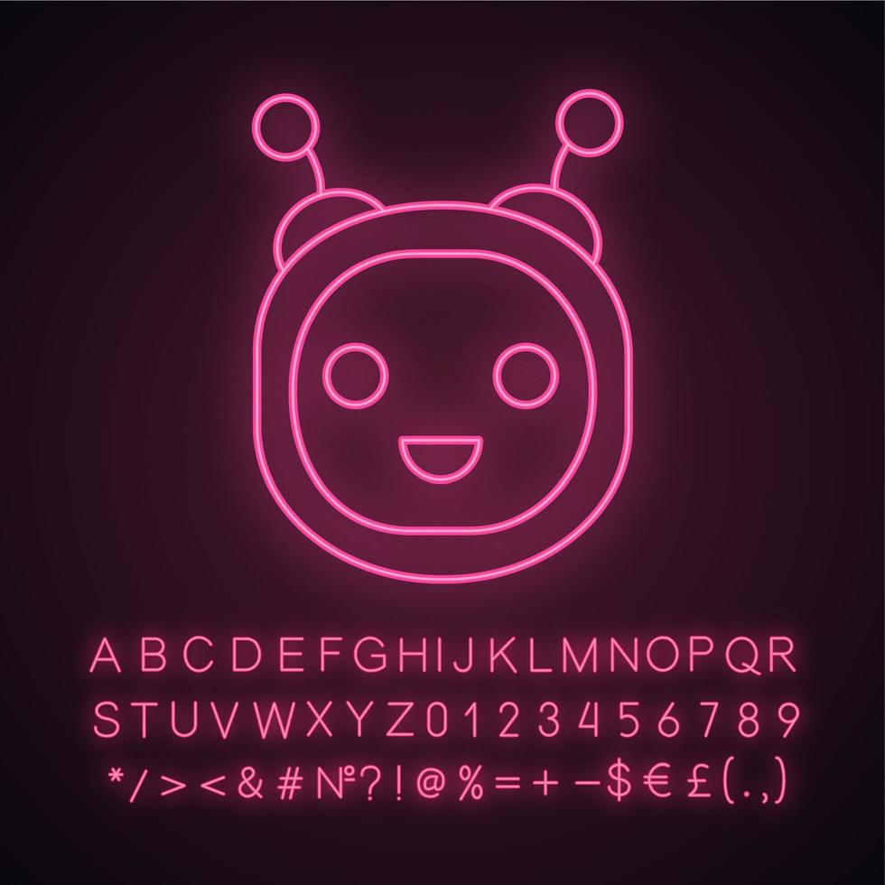 Symbol für Chatbot-Neonlicht. Talkbot. moderner Roboter. Rundkopf lachender Chat-Bot. virtueller Assistent. Gesprächspartner. leuchtendes zeichen mit alphabet, zahlen und symbolen. vektor isolierte illustration