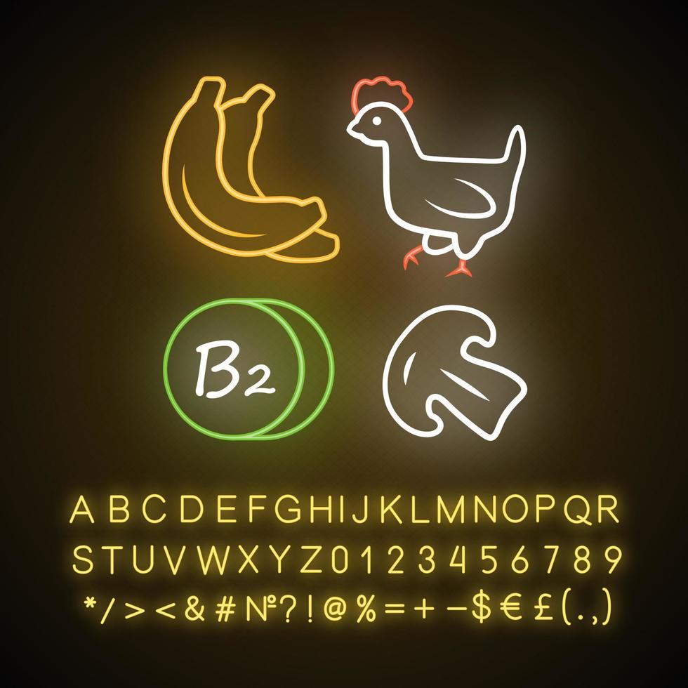 Symbol für Neonlicht von Vitamin B2. Bananen, Geflügel und Pilze. gesundes Essen. Riboflavin natürliche Nahrungsquelle. richtige Ernährung. leuchtendes zeichen mit alphabet, zahlen, symbolen. vektor isolierte illustration