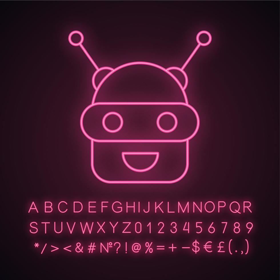 Symbol für Chatbot-Neonlicht. Talkbot. moderner Roboter. Android lachender Chat-Bot. virtueller Assistent. Gesprächspartner. leuchtendes zeichen mit alphabet, zahlen und symbolen. vektor isolierte illustration