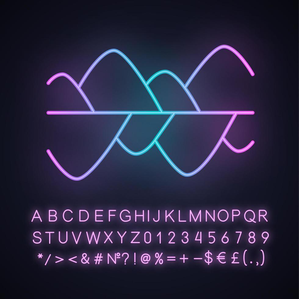 Symbol für Neonlicht auf Musikfrequenzebene. Vibrationen, Geräuschpegelkurven. Schallwellen, Wellenformen. digitaler schallwellenrhythmus. leuchtendes zeichen mit alphabet, zahlen und symbolen. vektor isolierte illustration