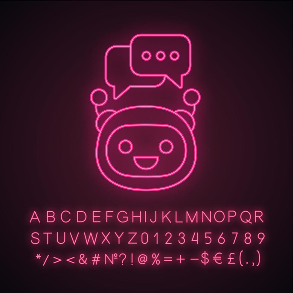 Chatbot mit Sprechblasen-Neonlicht-Symbol. moderner Roboter. Talkbot tippt Antwort. Online-Hilfe. virtueller Assistent. leuchtendes zeichen mit alphabet, zahlen und symbolen. vektor isolierte illustration