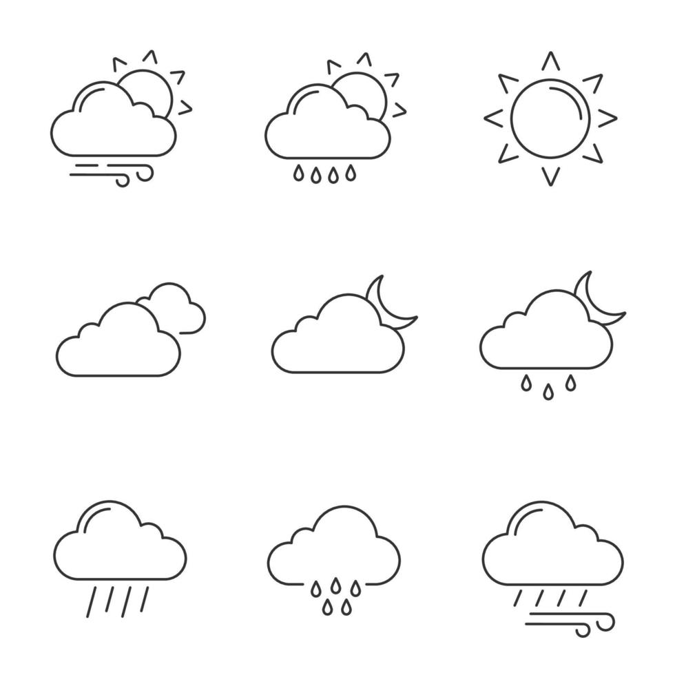 wettervorhersage lineare symbole gesetzt. teilweise bewölkt und windiges Wetter, Nieselregen, Sonne, Wolken, Nacht, Wind, bedeckt, regnerische Nacht. isolierte vektorumrissillustrationen. editierbarer Strich vektor