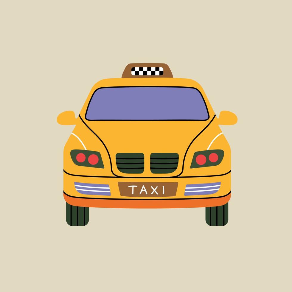 gelbes taxiautoelement im modernen flachen linienstil. hand gezeichnete vektorillustration von freizeit, urlaub, reise, road trip cartoon design. vintage transportpatch, abzeichen, emblem vektor