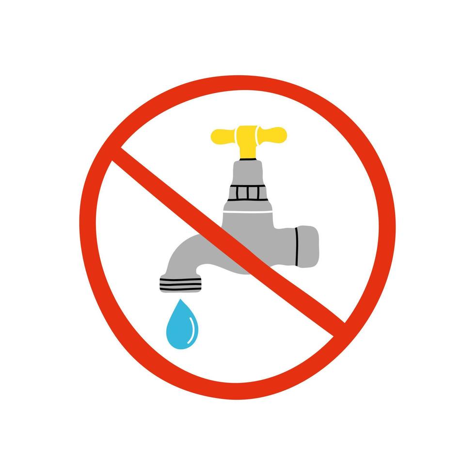 wasserelement clipart im flachen linienstil. hand gezeichnete vektorillustration des wasserhahns, des wasserhahns und des tropfens im roten verbotenen gekreuzten zeichen. Mode süßer Patch, Abzeichen, Emblem. wasser sparen, sanitärkonzept. vektor