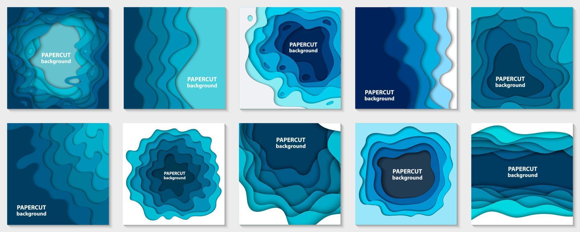 vektor samling av 10 bakgrunder med blått papperssnitt former. 3d abstrakt papperskonststil, designlayout för affärspresentationer, flygblad, affischer, utskrifter, dekoration, kort, broschyromslag.