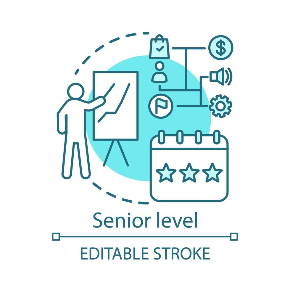 Senior-Level-Konzept-Symbol. idee auf berufsebene dünne linie illustration. hohe und maßgebliche Stellung. Berufserfahrung. hochrangiger Mitarbeiter. Vektor isoliert Umrisszeichnung. editierbarer Strich