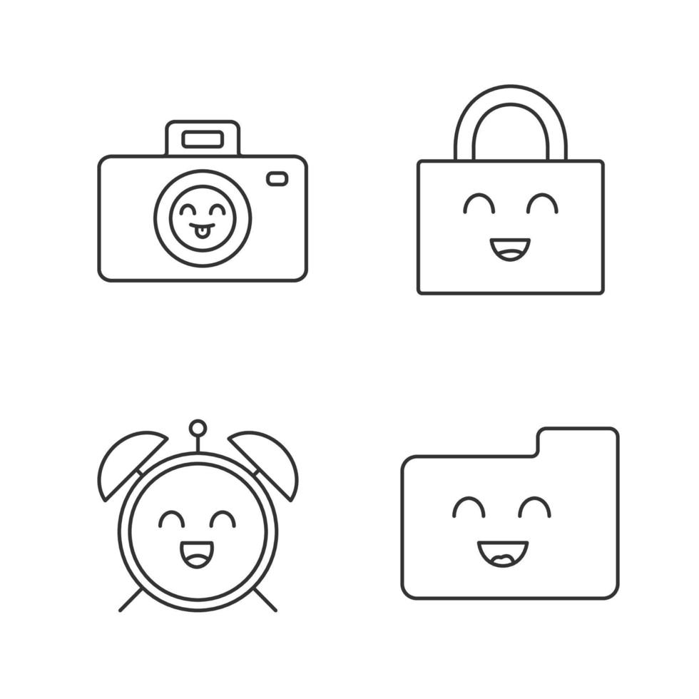 lächelnde Elemente lineare Symbole gesetzt. Figuren. Happy Camera, Vorhängeschloss, Wecker, Ordner. dünne Linienkontursymbole. isolierte vektorumrissillustrationen. editierbarer Strich vektor