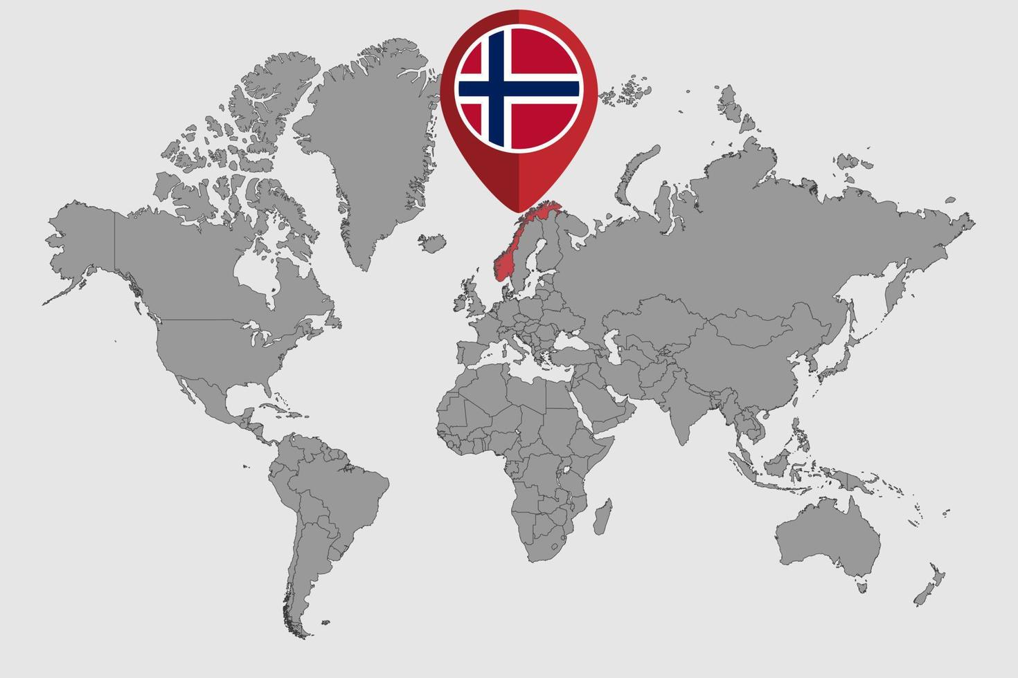 nålkarta med Norges flagga på världskartan. vektor illustration.