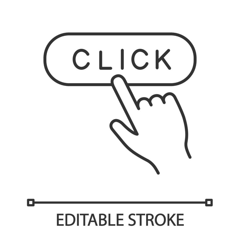 Klicken Sie auf das lineare Symbol der Schaltfläche. Webseitennavigation. Hand drückender Knopf. dünne Liniendarstellung. Kontursymbol. Vektor isoliert Umrisszeichnung. editierbarer Strich