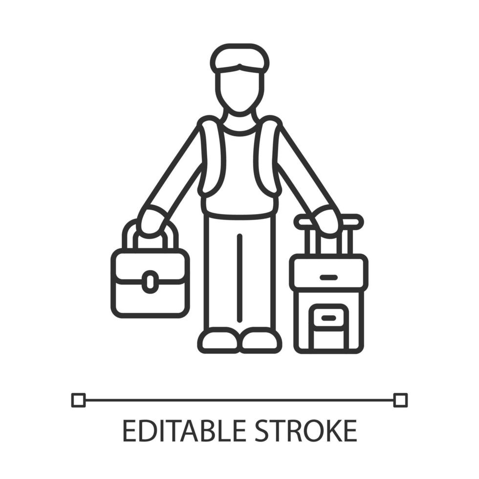 Lineares Symbol für Einwanderer. Flüchtling mit Koffer und Rucksack. ins Ausland reisen. Alleinreise, Urlaub, Tourismus. dünne Liniendarstellung. Kontursymbol. Vektor isoliert Umrisszeichnung. editierbarer Strich