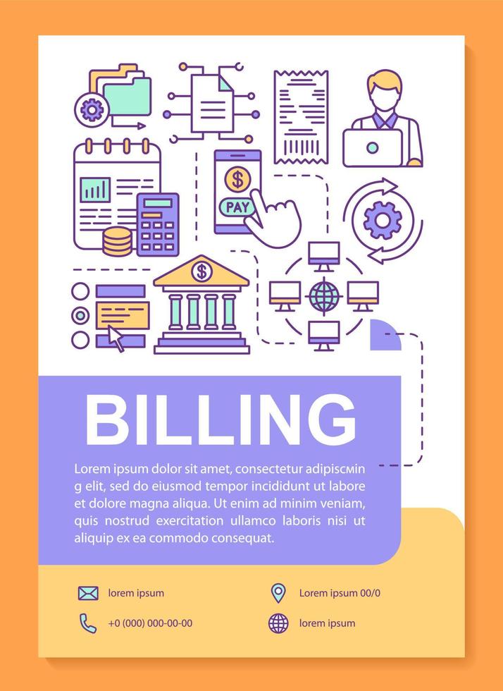 Billing-Service-Poster-Vorlagen-Layout. Zahlungsverkehr, Finanztransfer. banner, broschüre, broschürendruckdesign mit linearen symbolen. Vektorbroschüren-Seitenlayouts für Zeitschriften, Werbeflyer vektor