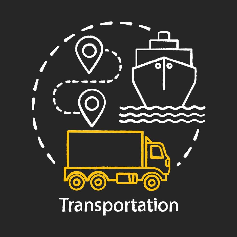 Symbol für das Kreidekonzept des Transports. Versand auf dem See- und Landweg. Route, Schiff, LKW. Logistik und Vertrieb. Idee der Frachtlieferung. vektor isolierte tafelillustration