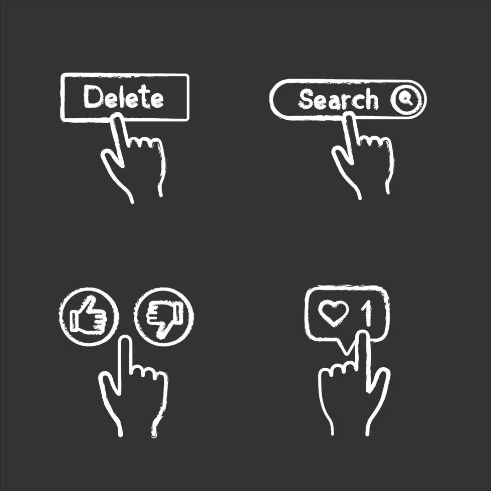 app knappar krita ikoner set. klick. radera, sök, gilla och ogilla, gilla-räknare. isolerade svarta tavlan vektorillustrationer vektor