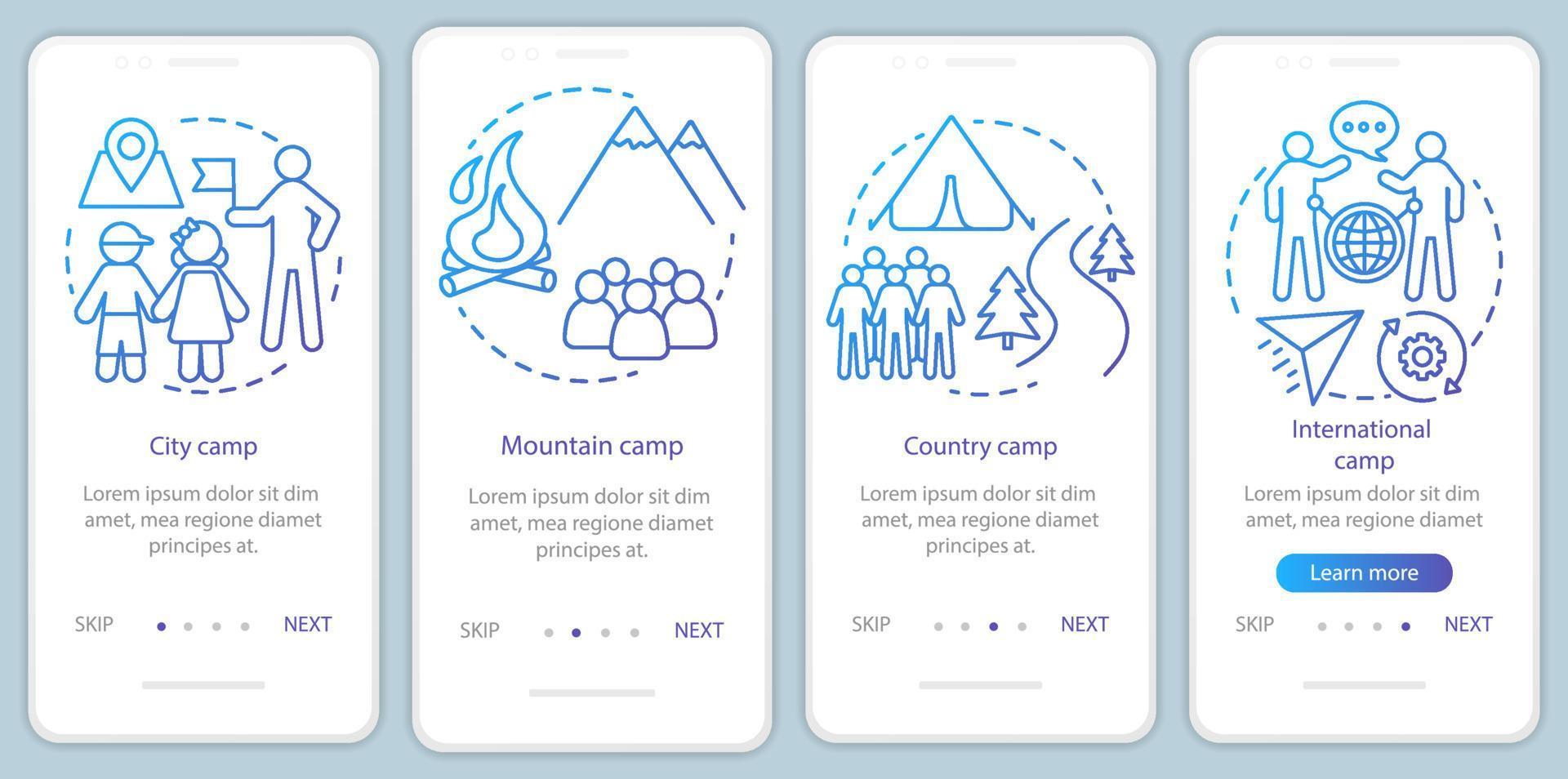 reisen, naturcamps onboarding mobile app seitenbildschirm vektorvorlage. campingurlaub, reise. Walkthrough-Website-Schritte mit linearen Illustrationen. ux, ui, gui smartphone-schnittstellenkonzept vektor