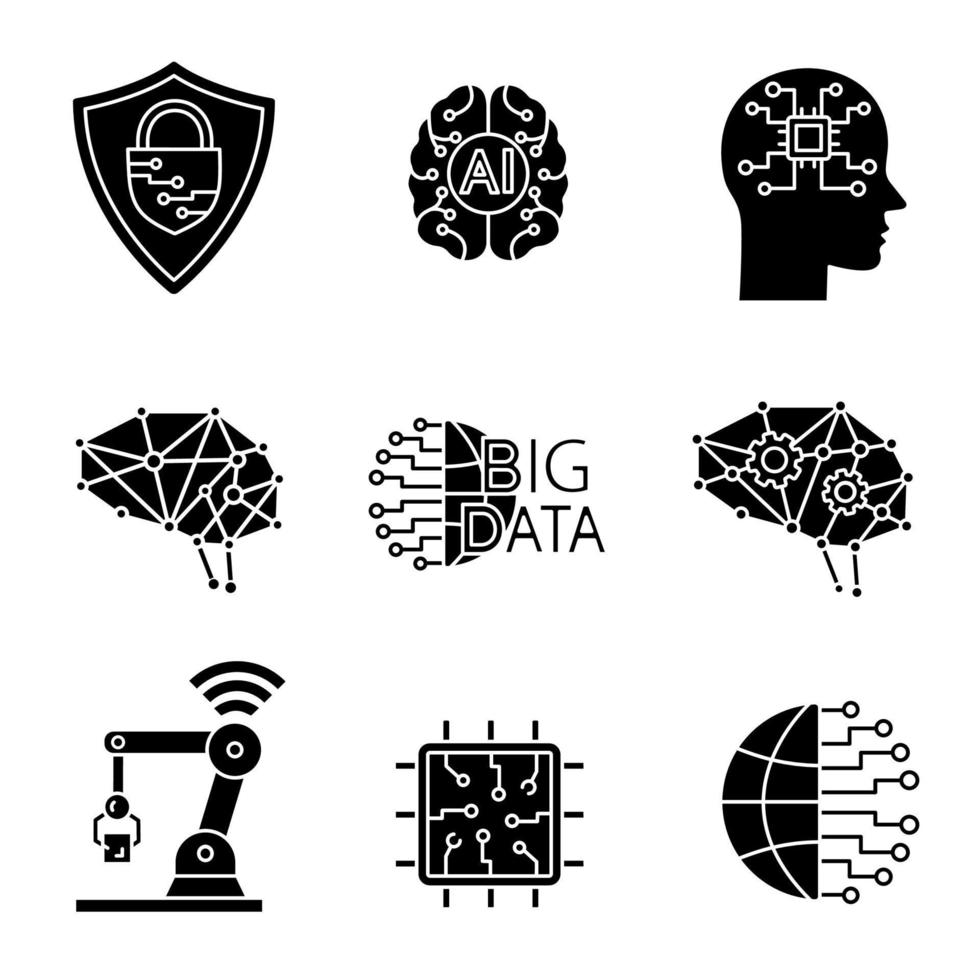 Glyphensymbole für künstliche Intelligenz gesetzt. Silhouettensymbole. Neurotechnologie. Cybersicherheit, KI, digitales Gehirn, neuronales Netzwerk, Big Data, IoT-Roboter, Internet der Dinge. vektor isolierte illustration