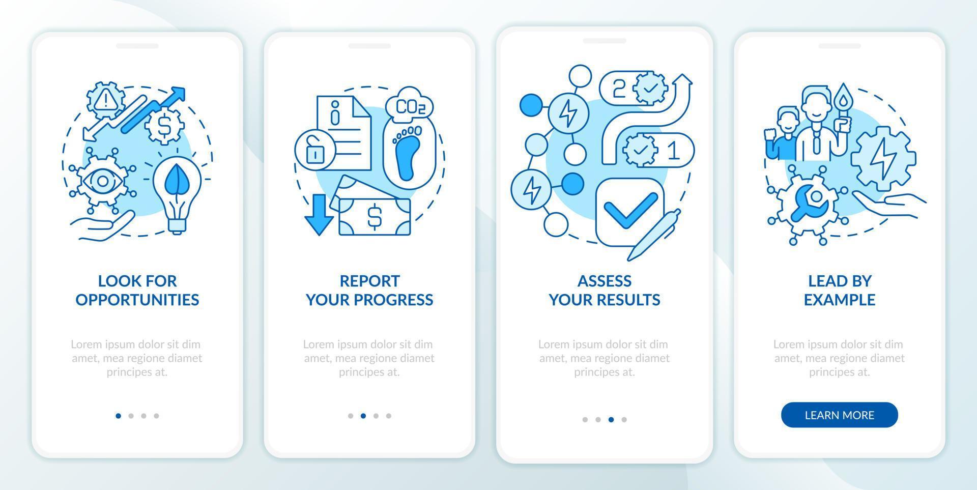 sätt att energihantering blå onboarding mobilappskärm. rapport genomgång 4 steg grafiska instruktioner sidor med linjära koncept. ui, ux, gui mall. vektor