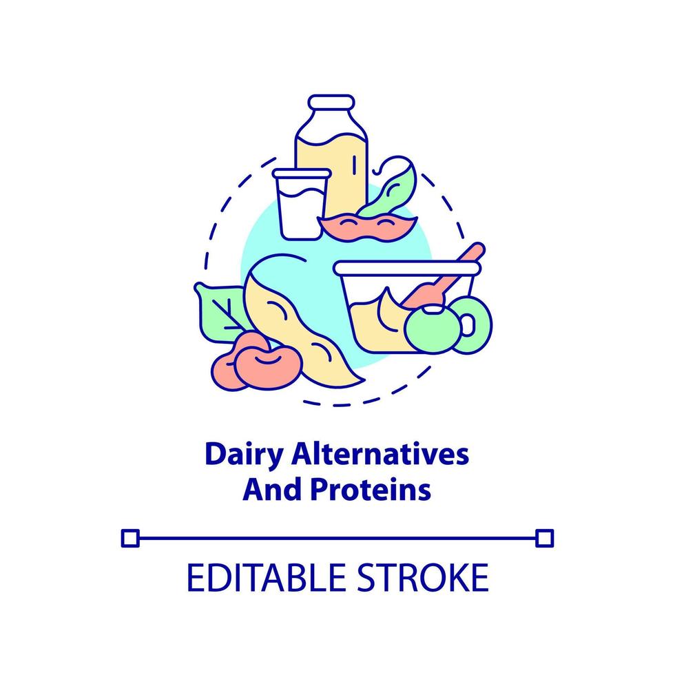 mejerialternativ och proteiner konceptikon. tips för vegan livsstil abstrakt idé tunn linje illustration. isolerade konturritning. redigerbar linje. vektor