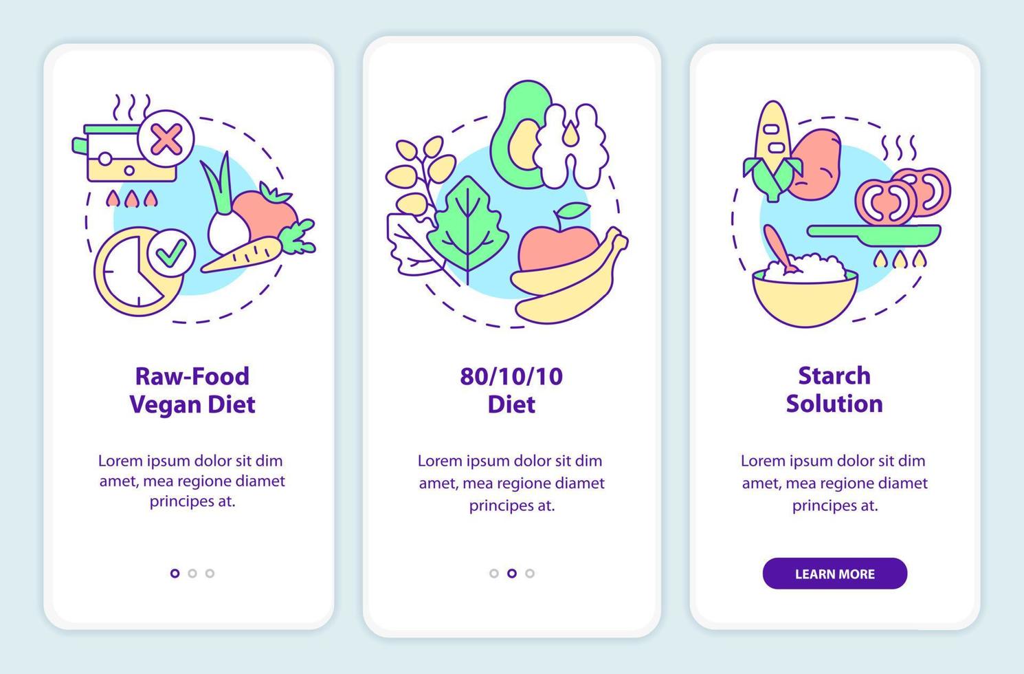 varianter av vegansk kost på mobilappskärmen. genomgång 3-stegs grafiska instruktioner sidor med linjära koncept. ui, ux, gui mall. vektor