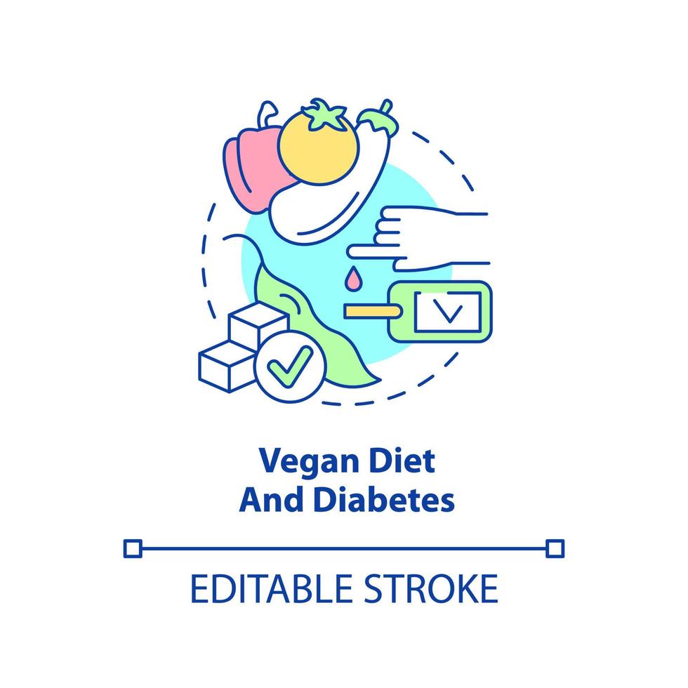 vegansk kost och diabetes konceptikon. lägre blodsockernivå. veganism och sjukdom abstrakt idé tunn linje illustration. isolerade konturritning. redigerbar linje. vektor