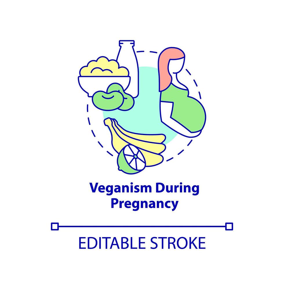 Symbol für das Konzept des Veganismus während der Schwangerschaft. essentielle Nährstoffe. abstrakte Idee des veganen Lebensstils dünne Linie Illustration. isolierte Umrisszeichnung. editierbarer Strich. vektor