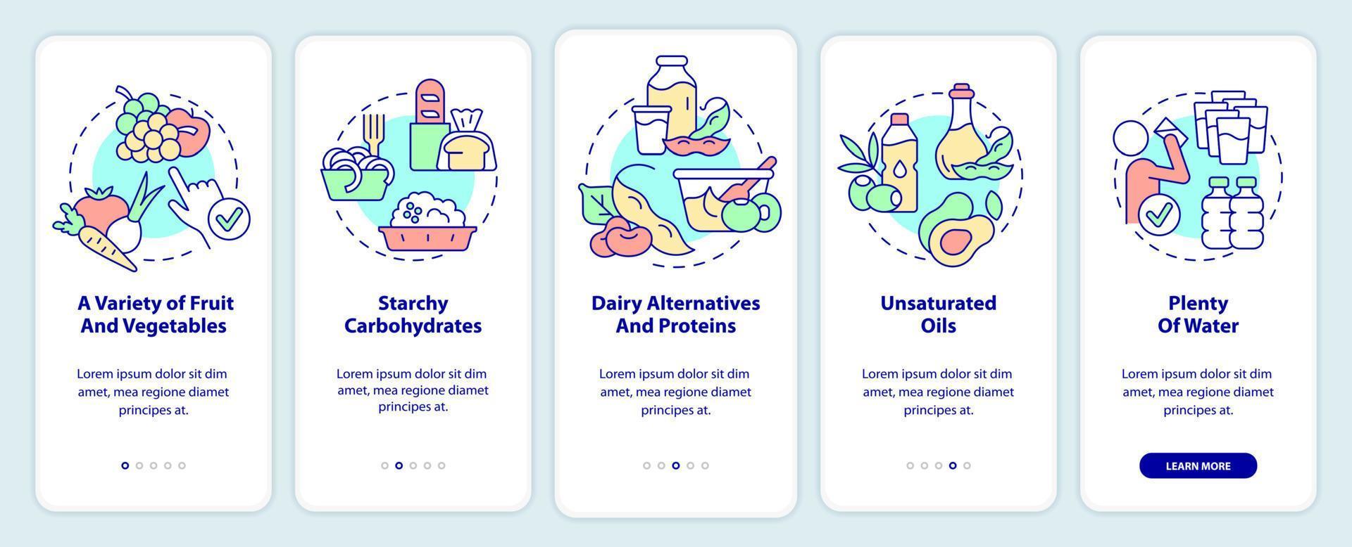 tipps für den veganen lebensstil beim onboarding des mobilen app-bildschirms. Komplettlösung 5 Schritte grafische Anleitungsseiten mit linearen Konzepten. ui, ux, gui-Vorlage. vektor