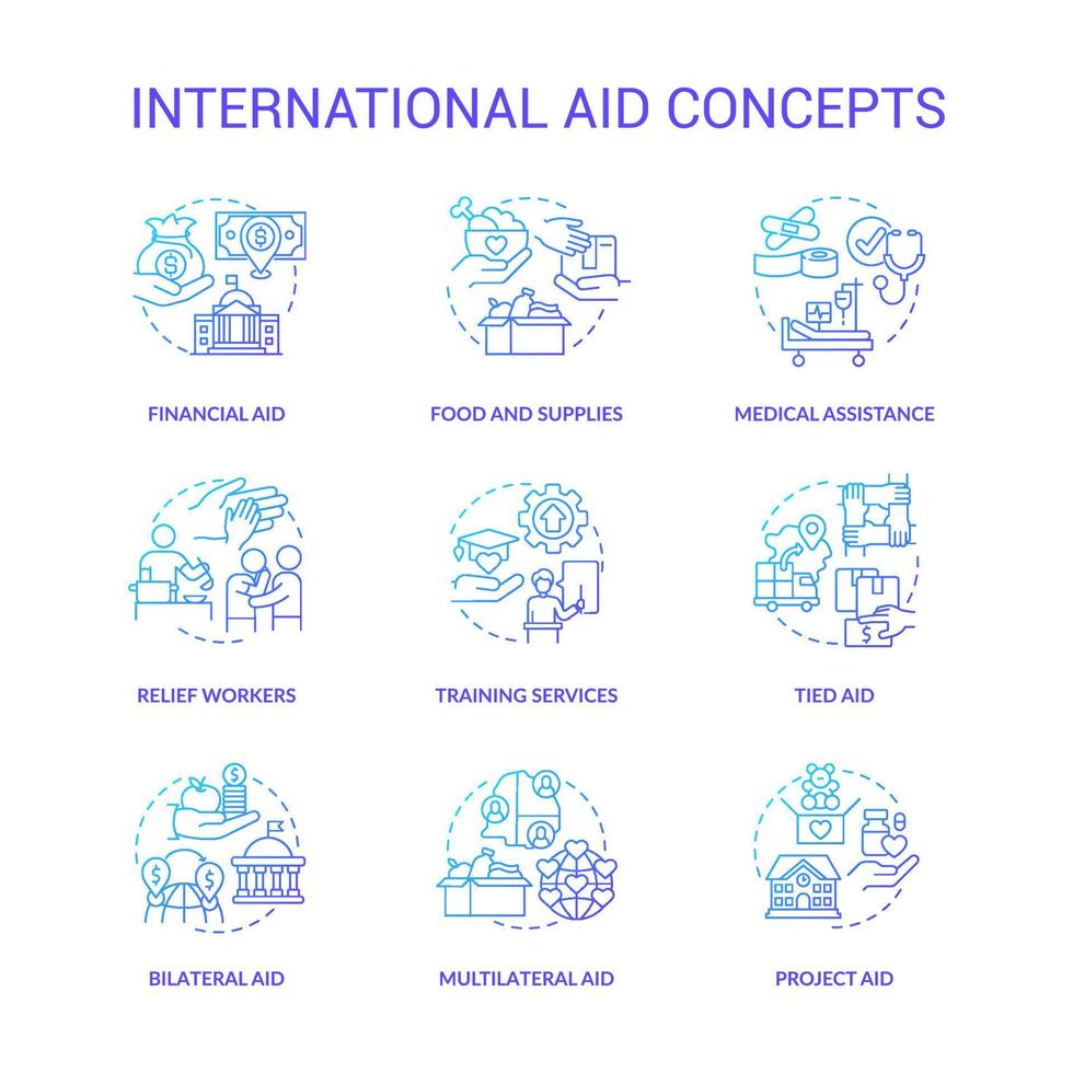 Symbole für das blaue Verlaufskonzept der internationalen Hilfe festgelegt. Ideen für ausländische Freiwilligenmöglichkeiten dünne Linie Farbillustrationen. finanzielle Hilfe. isolierte Symbole. vektor