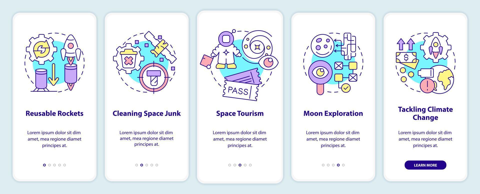 Weltraumtechnologien beim Onboarding des Bildschirms der mobilen App. Exploration Walkthrough 5 Schritte grafische Anleitungsseiten mit linearen Konzepten. ui, ux, gui-Vorlage. vektor