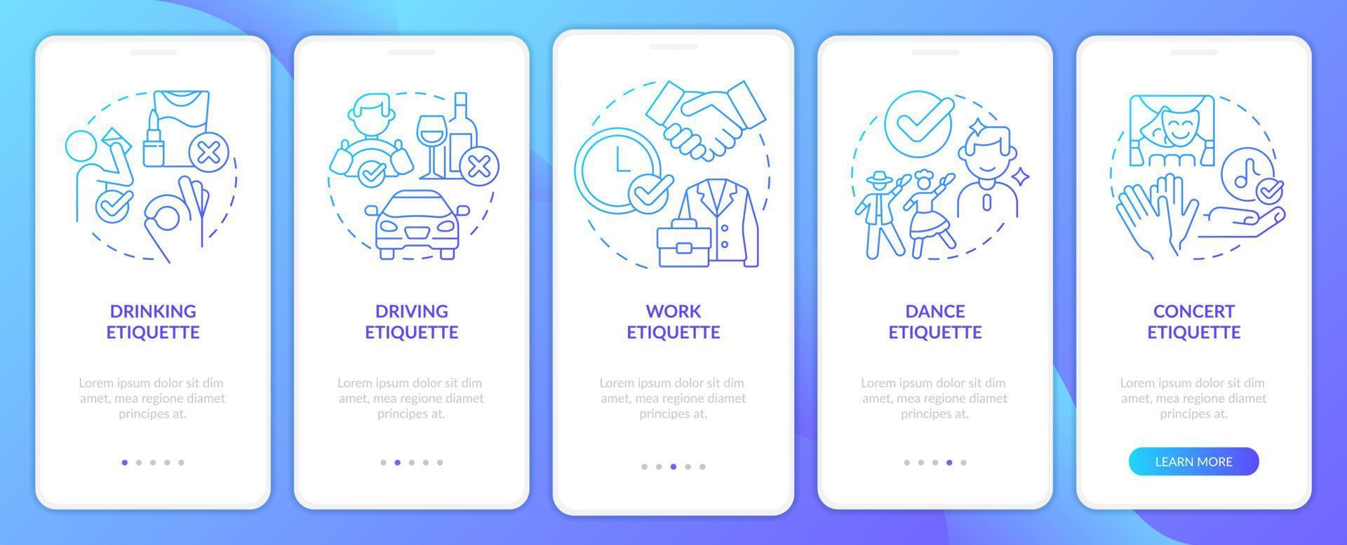 arten der etikette blauer farbverlauf beim onboarding des mobilen app-bildschirms. Komplettlösung 5 Schritte grafische Anleitungsseiten mit linearen Konzepten. ui, ux, gui-Vorlage. vektor